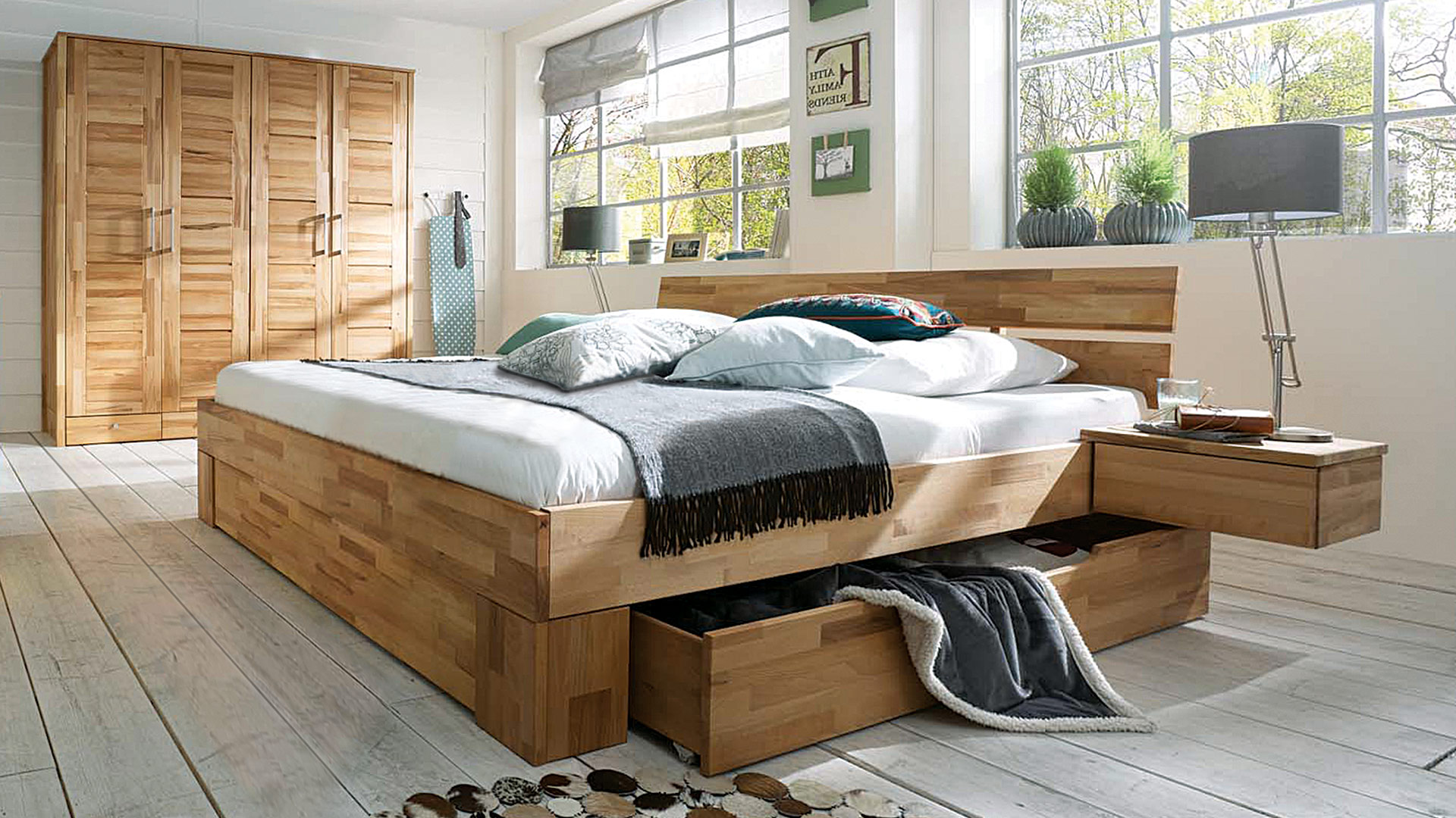 Schubkastenbett "Lettino" - 100 % Eiche