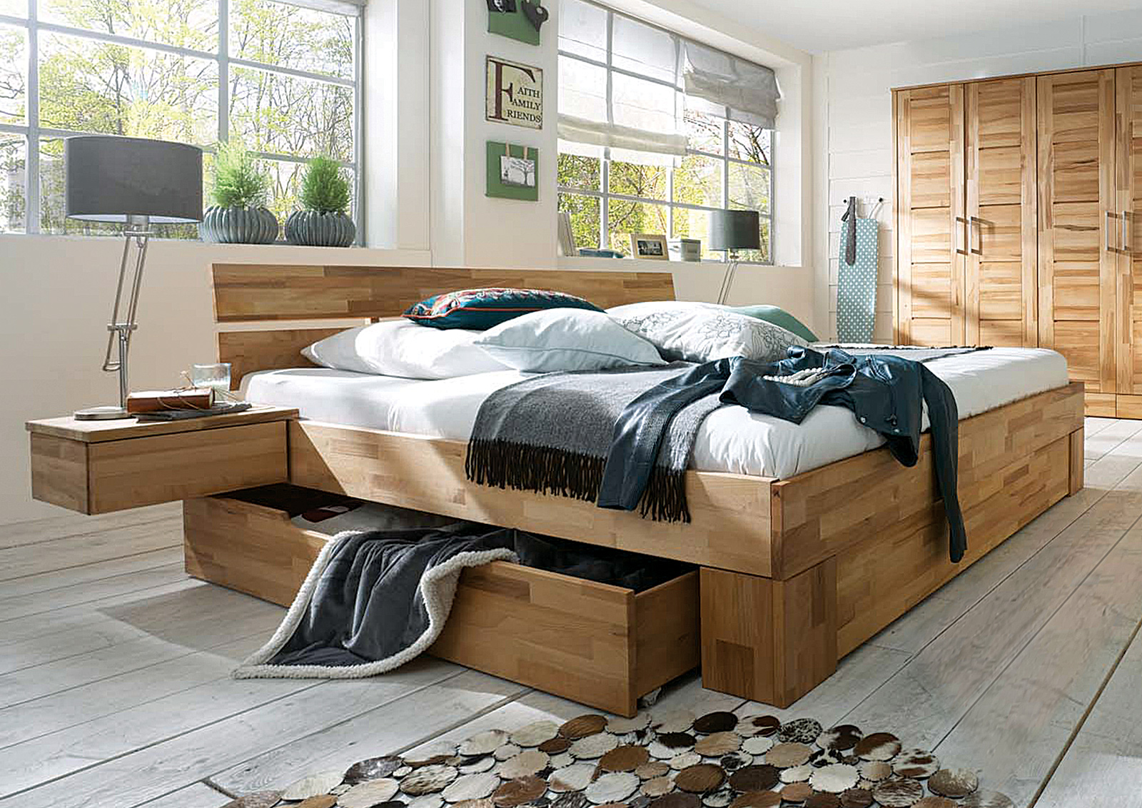 Schubkastenbett "Lettino" - 100 % Eiche