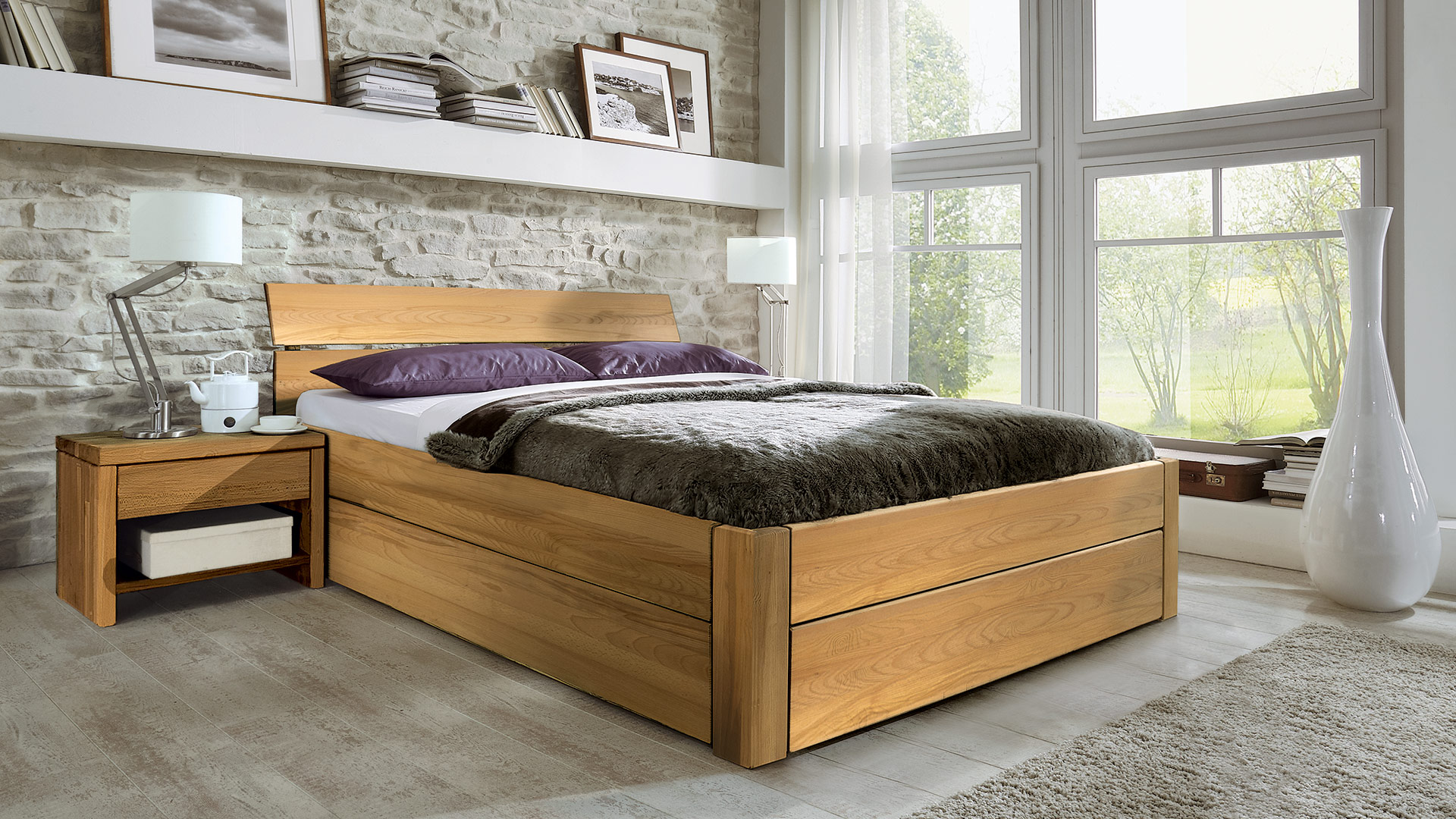 Schubkastenbett "Sobaria" - Aus Massivholz mit 2-geteiltem Kopfteil